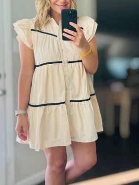 entro Louisa Button Down Cream and Black Trim Dress